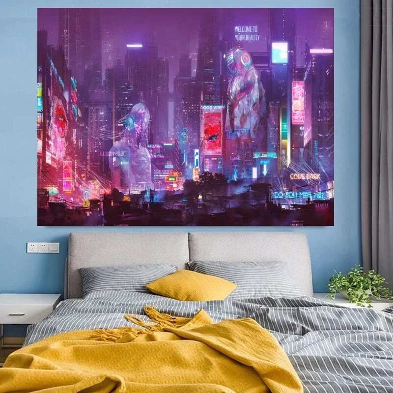 VIKAMA Neon Cyberpunk City Tapestry Wall Hanging, 6 Designs, Wall Decor for Bedroom Living Room Dorm