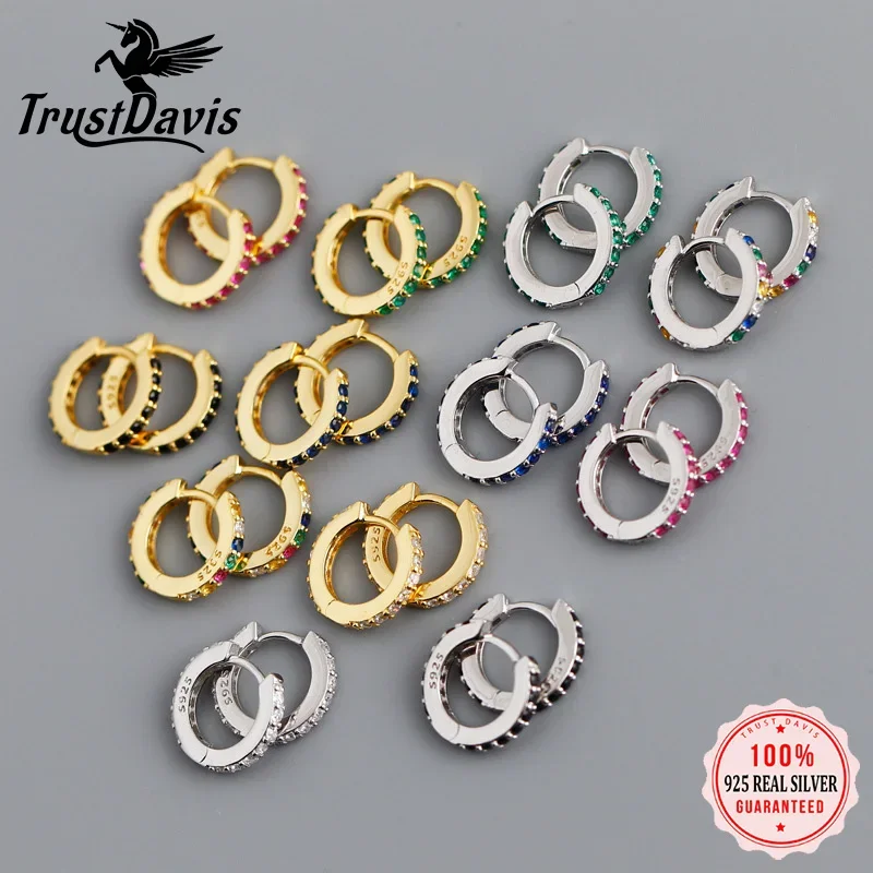 TrustDavis 925 Sterling Silver Minimalism Color Zircon 7mm Mini Hoop Earring For Fashion Women Teen Party Fine Jewelry DA2677