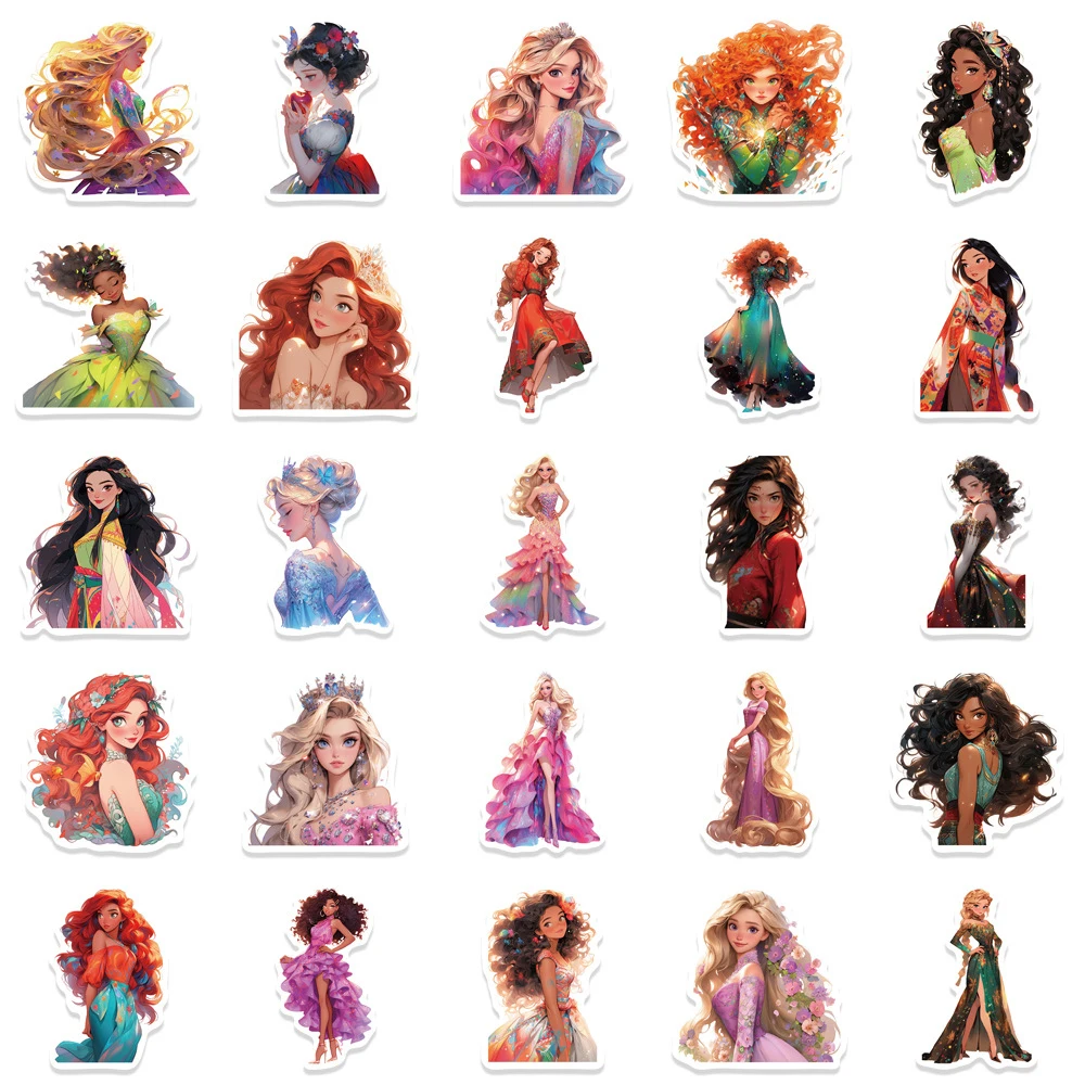 10/30/50pcs Beautiful Disney Escaping Princess Stickers Cute Cartoon Anime Girls Sticker Toy Phone Notebook Water Bottle Decals