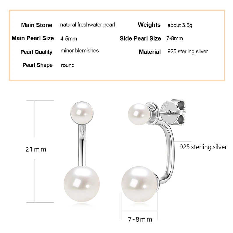 ANZIW 925 Sterling Silver Jacket Earrings Round Natural Freshwater Pearl Studs Front-back Earrings for Women Fine Jewel Gifts
