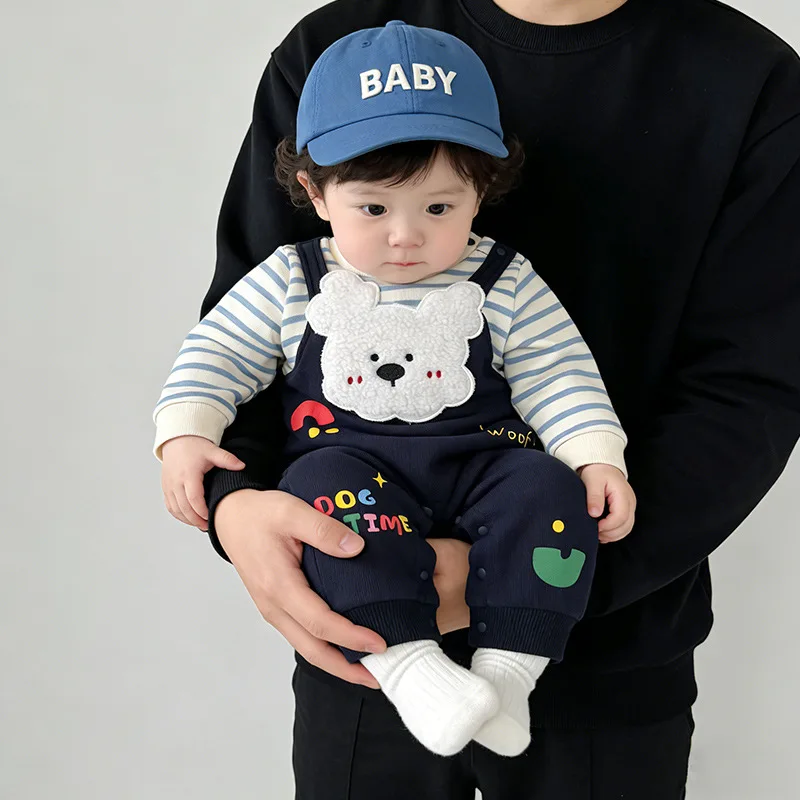 

Newborn Baby Jumpsuit Spring New Cute Funny Dog Pattern Stripe Long Sleeved Fake Two Piece Overalls for 0-1 Years Boys Romper