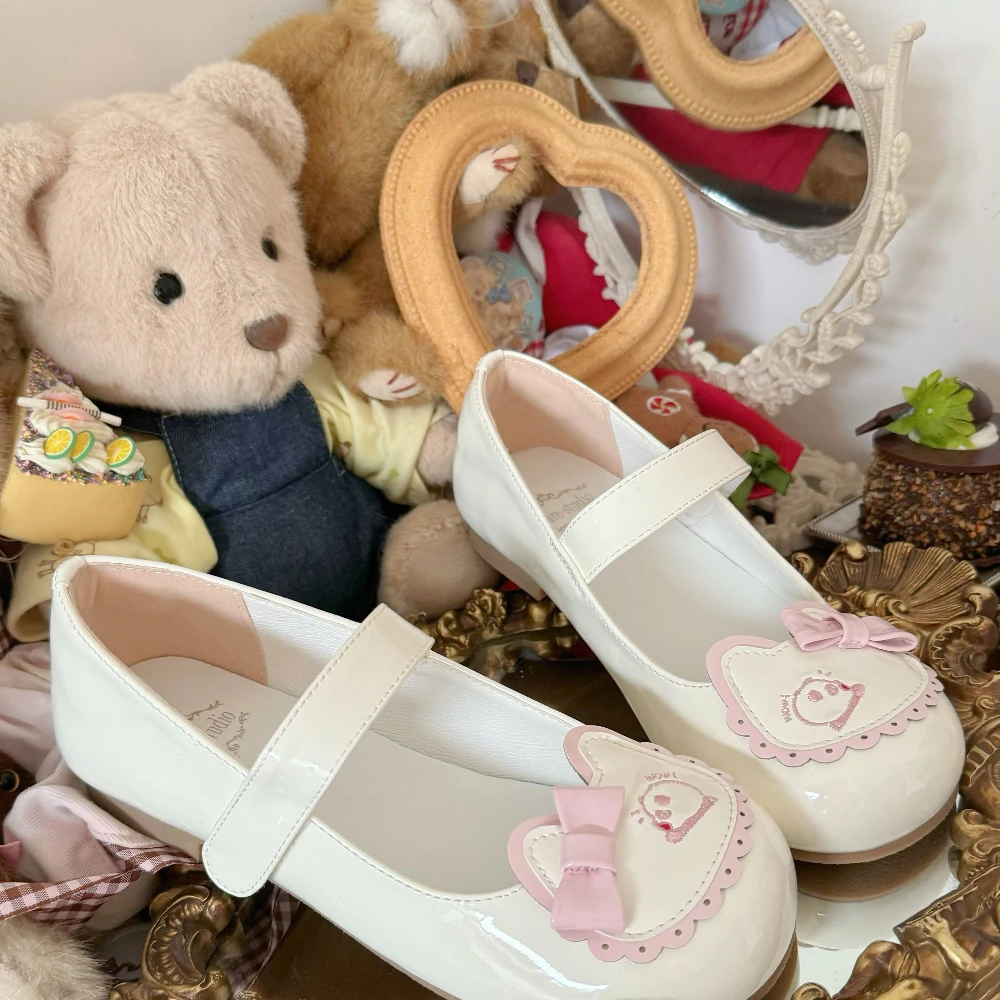 Cute Round Head Kawaii Shoes for Women Casual College Bow Flat Heel Shoe
