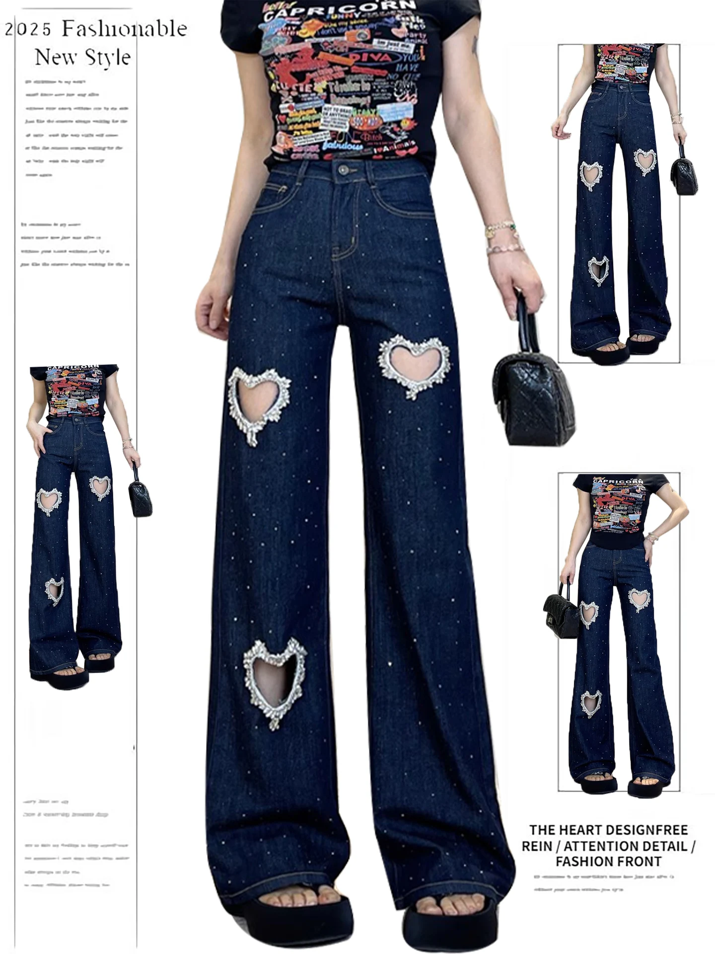 

American Style Summer New Design Rhinestone Heart Hole Denim Pants Women Loose Straight Wide Leg Pants Floor-Length Trousers