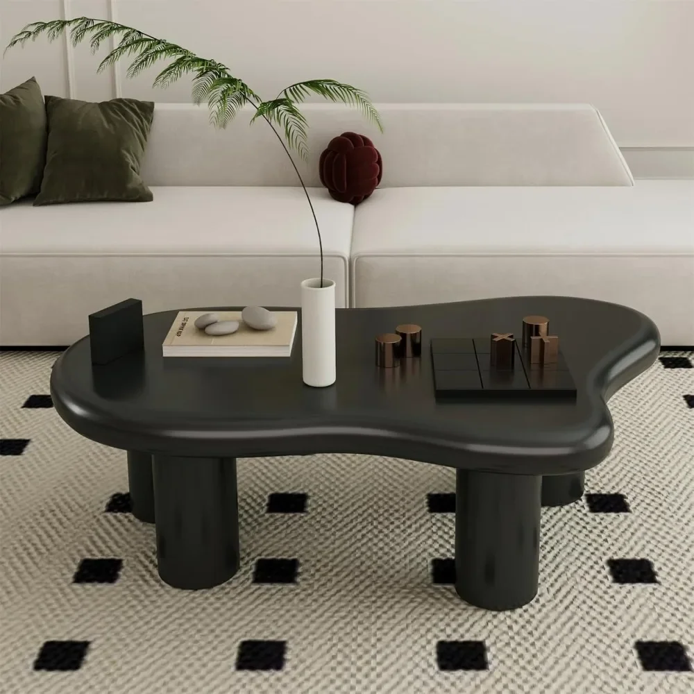 

47.24" Wooden Cloud Coffee Table Modern Cute Irregular Tea Table Center Table with 4 Cylindrical Legs Thickened Tabletop Round