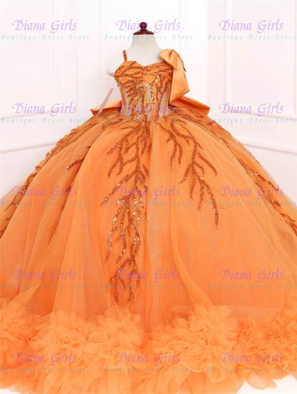 Quality Gorgeous Flower Girl Dress Orange Tulle Fluffy Sequin Appliques for Girls Wedding Birthday Party Evening Ball Gowns
