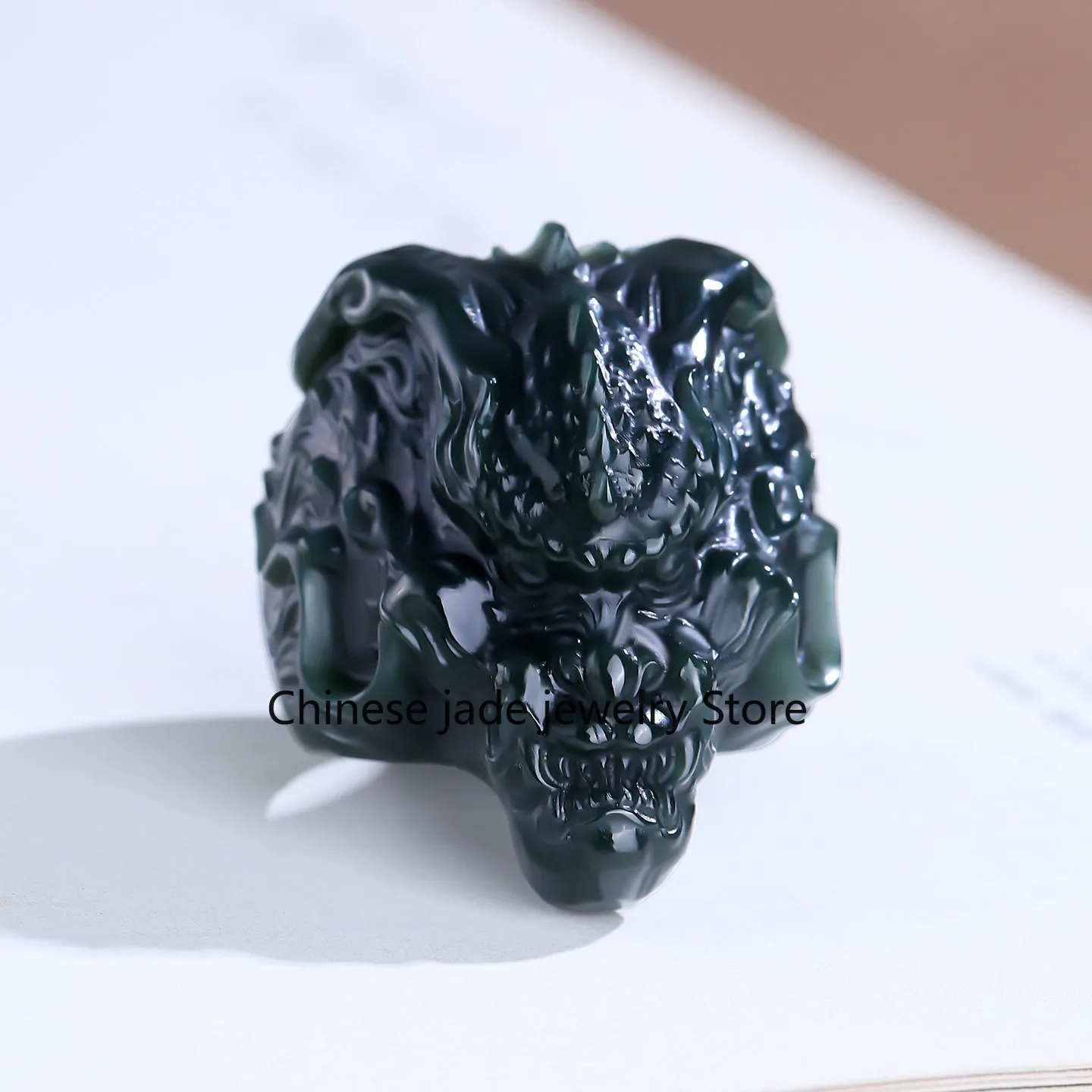 Natural Xinjiang Hetian zodiac dragon finger wrench fine material sapphire faucet ring male and female ring