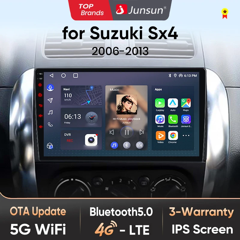 Junsun AI 4G LTE Kabelloses CarPlay Android Auto Autoradio für Suzuki SX4 2006 2007 2008 2009 2010-2013 GPS-Navigation BT DSP RDS FM