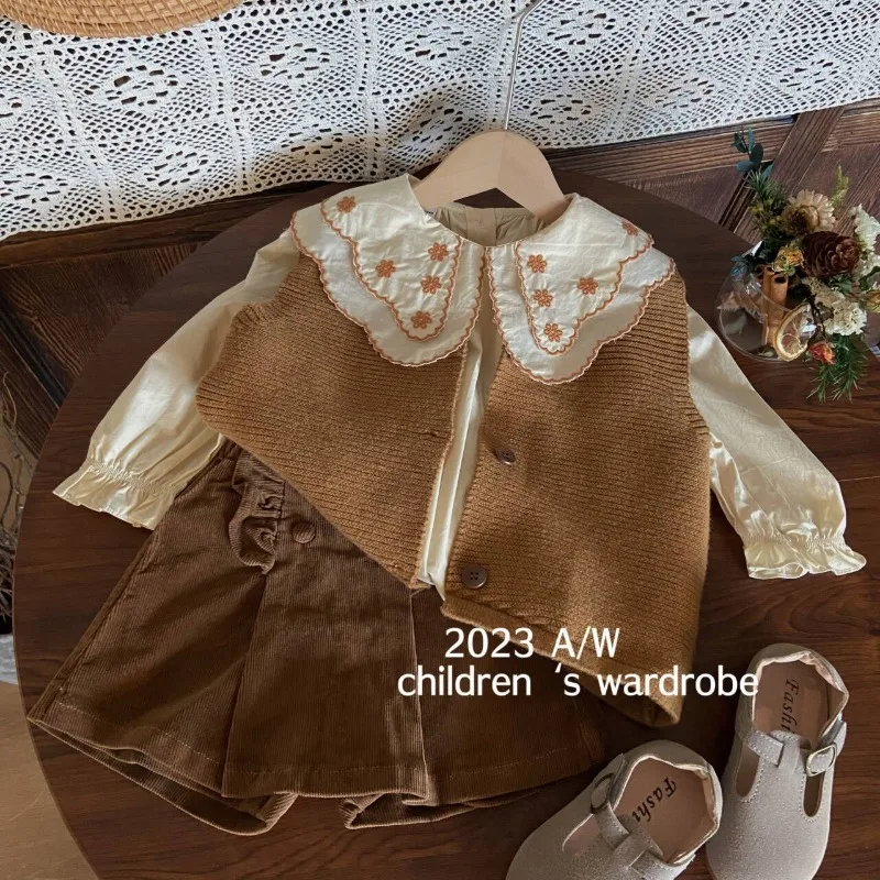 2024 Fall and Winter Kids Clothes Girls Baby Girls Knit Vest Shirt Shorts 3-piece Set Toddler Cute French Embroidered Shirt 2-8y