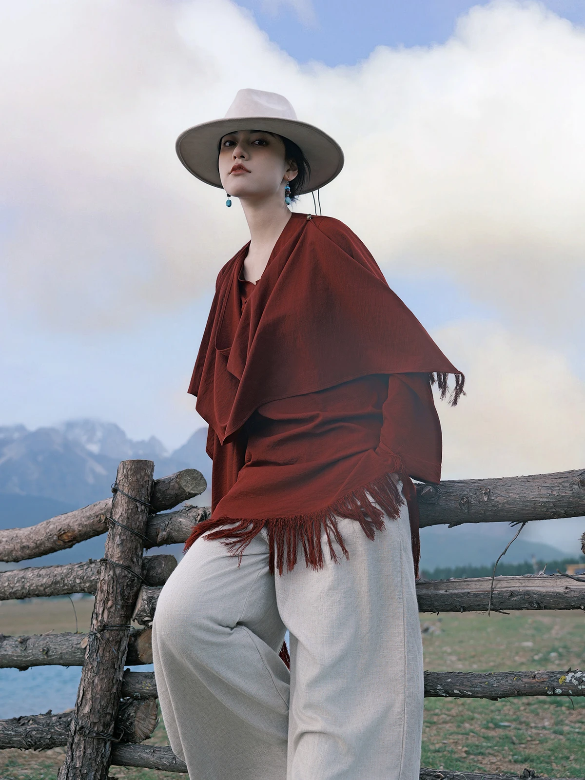 

Color Tassel Shawl Zen Tibetan Style Chinese Ethnic Clothing Mid-Length Dress