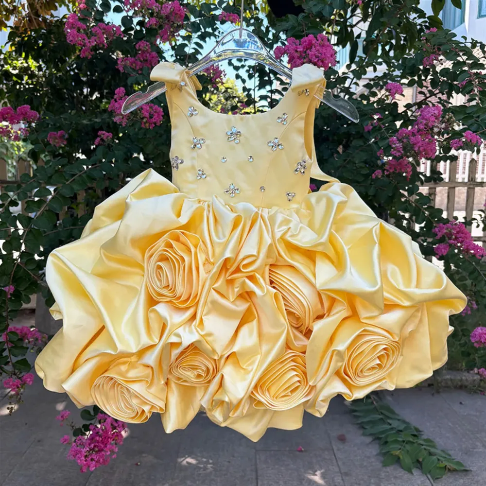 

Elegant Flower Girl Dress Satin Beaded Sleeveless with Bow Princess Kids Birthday Party Pageant Communion Formal Gown Customized
