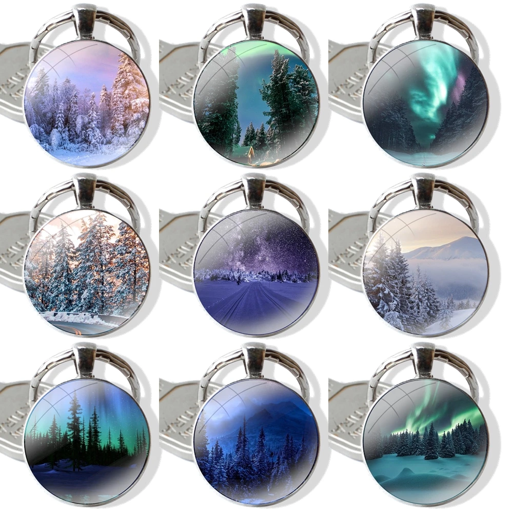 Winter forest snow aurora Keychain Handmade Glass Cabochon Key Ring Holder Pendant Key Chains