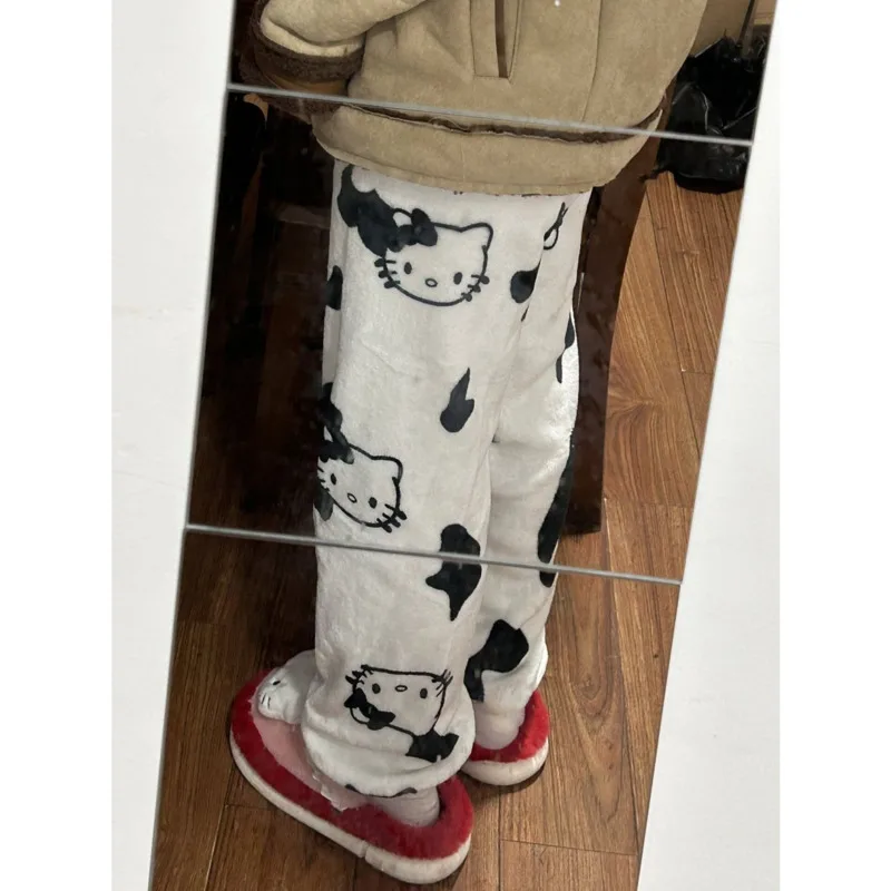 New Hello Kitty Pajamas Pants Sanrio Anime Kawaii Women\'s Pants Warm Soft Plush Winter Pajamas Pants Hello Kitty Y2k Clothes