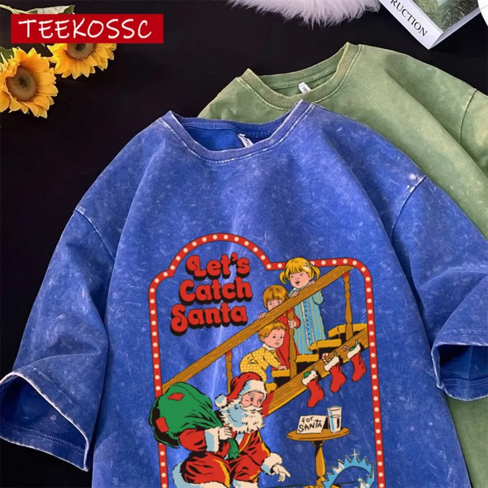 Lassen Sie Ist Fangen Santa Drucken Retro T-Shirt Männer Baumwolle Bequeme T-shirts Mode Lose Retro Schnee Waschen Kleidung Weiche Männliche Tops