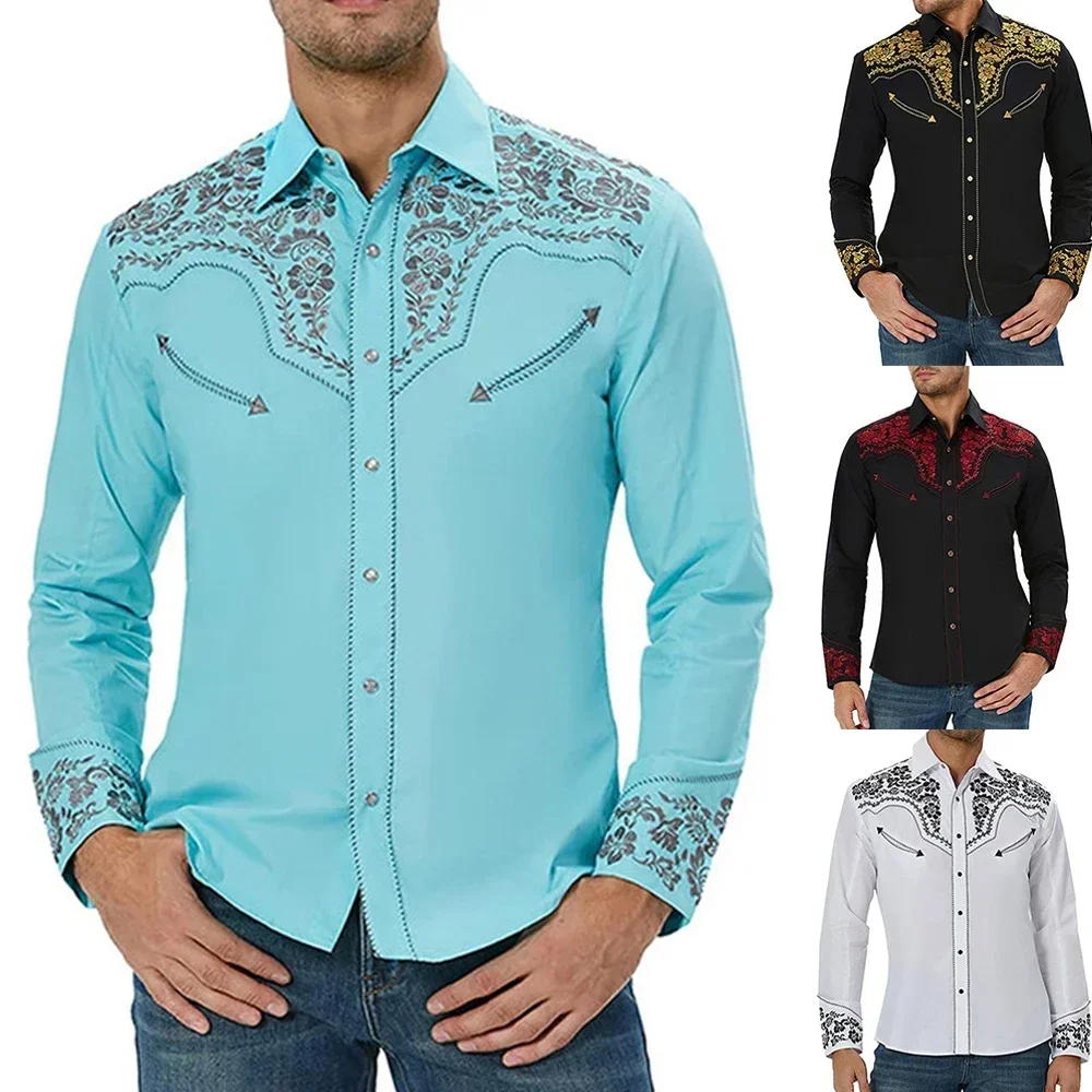 Men Spring Tops Western Vintage Printed Long Sleeve Shirts Casual Loose Slim Button Down Dress Shirt Blouse Tops Mens Clothes