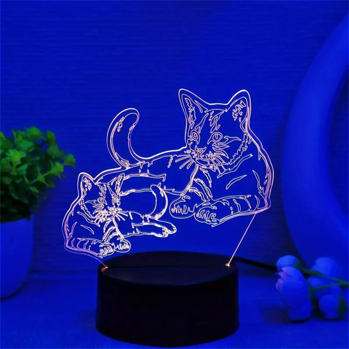 1pc Two Cats 3D Night Light, 3D Optical Illusion Lamp With Touch, 7-Color Changing Ambient Light For Bedroom