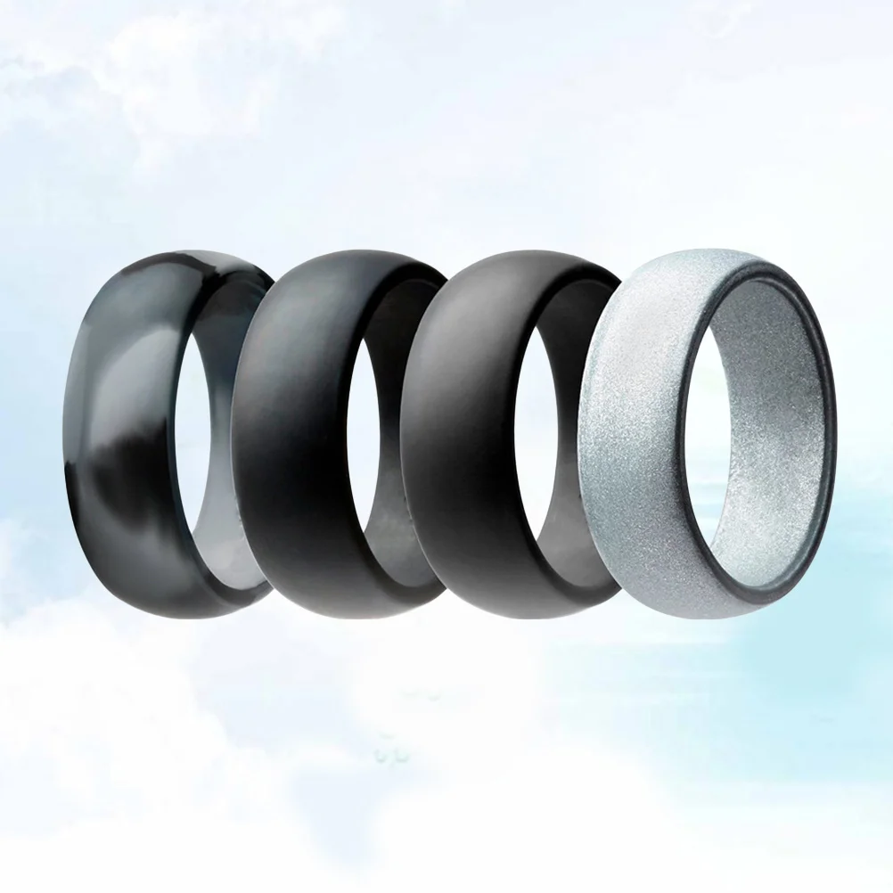 4Pcs Silicone Wedding Bands Flexible Sports Rings Waterproof Gym Swim Dive Size 9 Camo Grey Black Dark Grey Silver