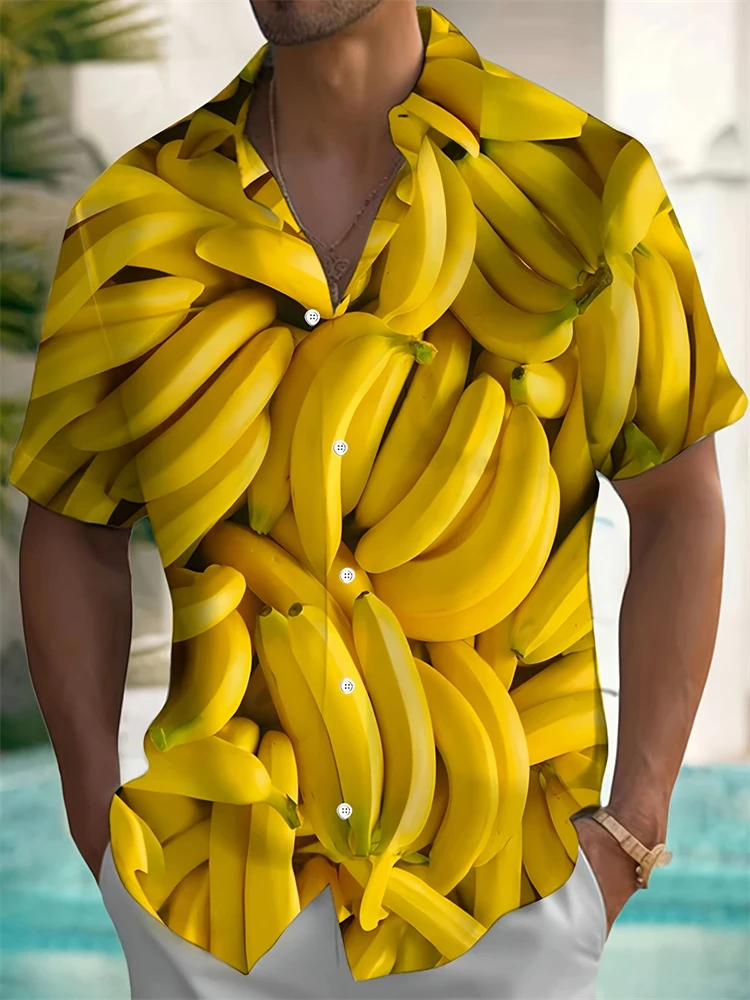

Мужская гавайская рубашка с принтом банана, пляжная рубашка с тропическими пуговицами, мужская повседневная гавайская праздничная одежда, стильная мужская рубашка с короткими рукавами
