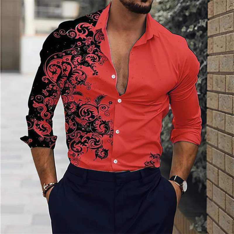 15 color new men\'s shirt lapel long -sleeved casual shirt 3D printing high -definition pattern comfortable fabric oversized size