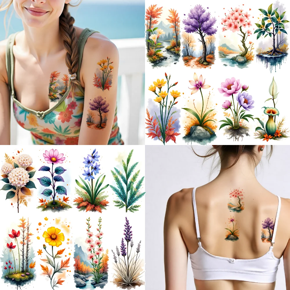 

временные татуировки с цветочным узором, временные татуировки, наклейки, ботанические татуировки, акварель для девочек, детей, руки
