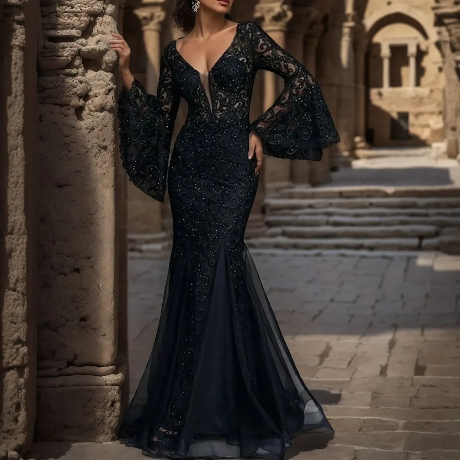 

Sexy Long Flare Sleeve Black Lace Dress V Neck Wedding Party Dresses Women Evening Elegant Night Club Prom Long Maxi Dresses