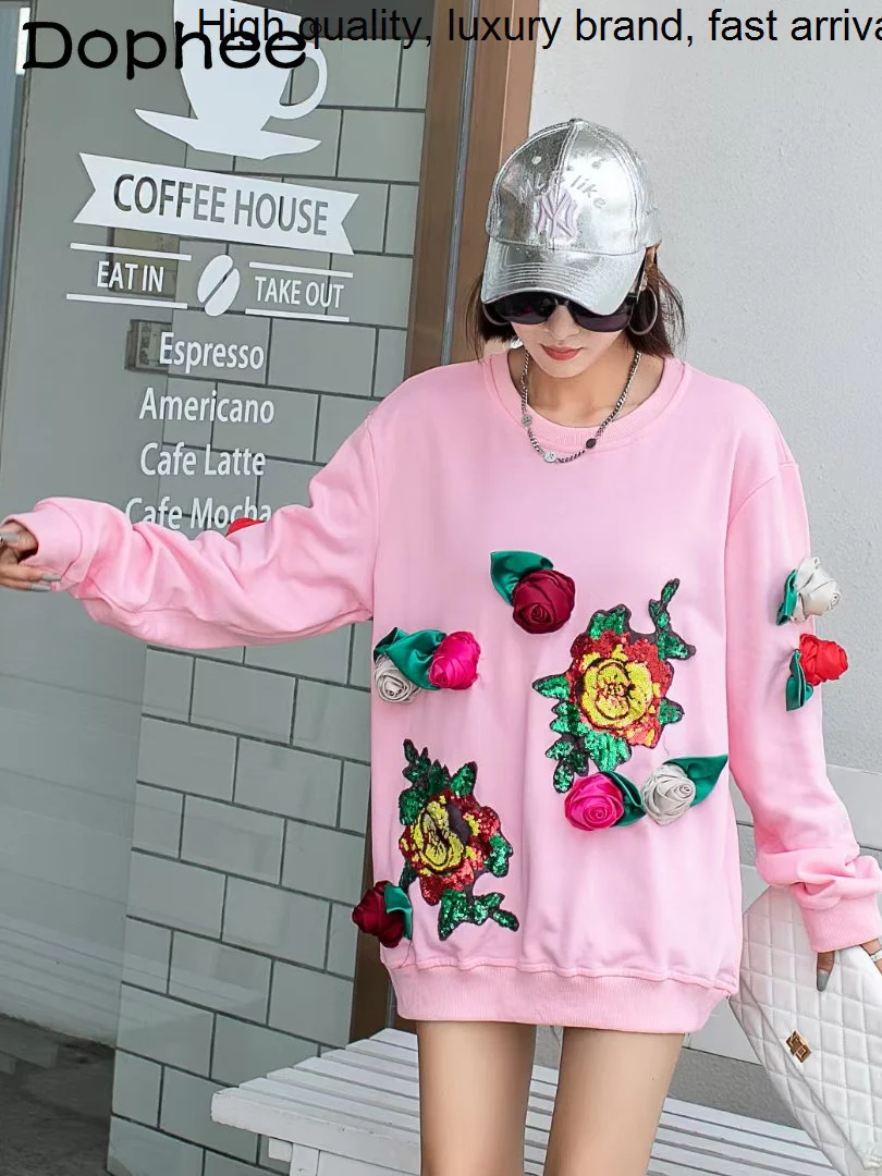 Sequined Exquisite Flowers Pullover Sweatshirt for Women Pink Sweet Long Sleeve hoodie Top 2023 Autumn Winter New Kawaii Clothes