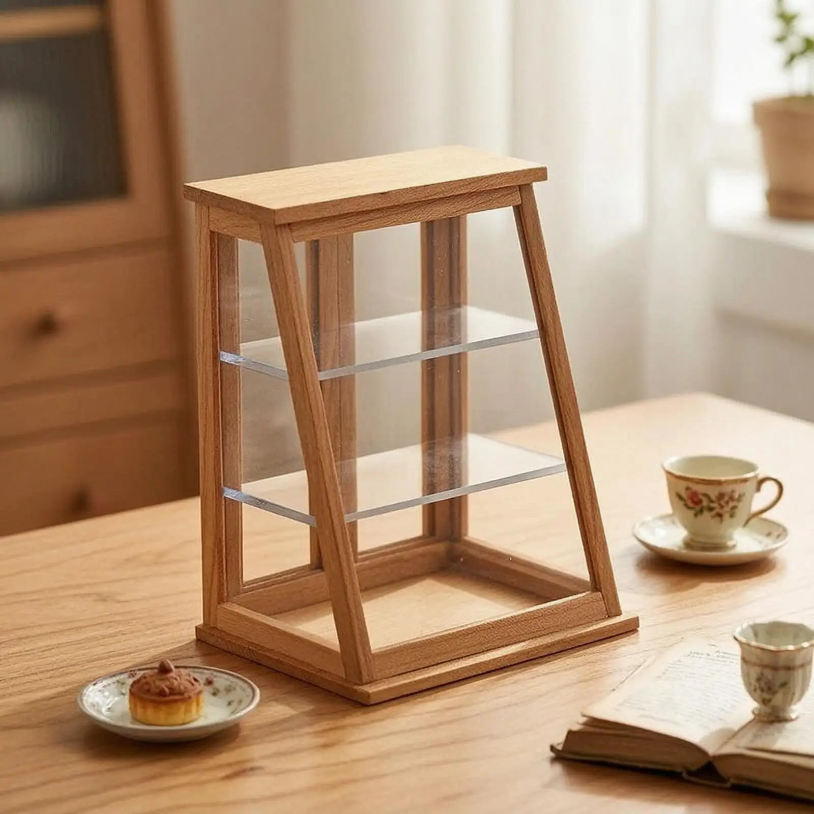 Wooden Miniature Cabinet with Clear Acrylic Panels Three Tier Storage for Dollhouse Shop Scene Hobby