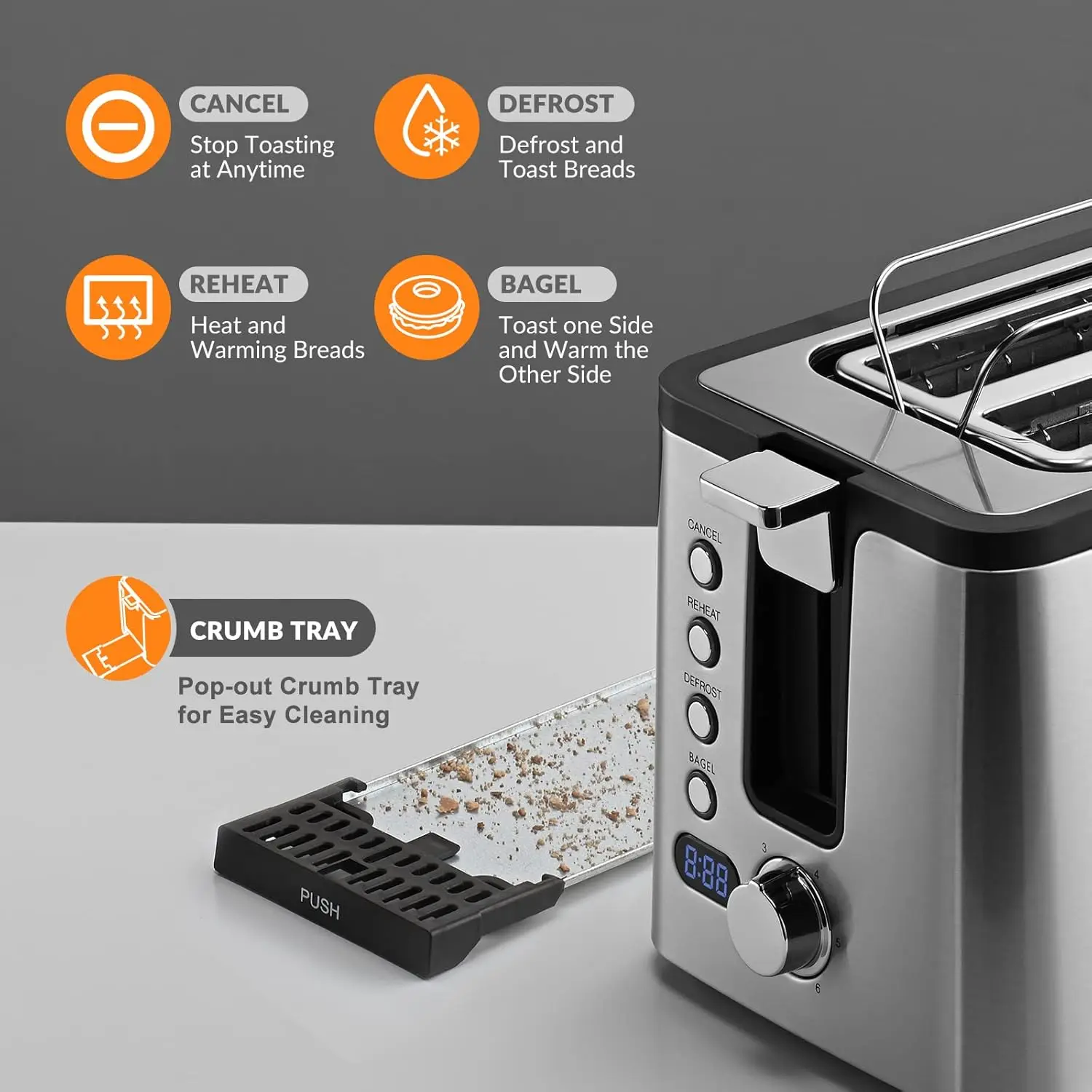 4 Slice Toaster Long Slot Toaster With Countdown Timer, Bagel/Defrost/Reheat/Cancel Functions,Warming Rack, Removable Tray 1300W