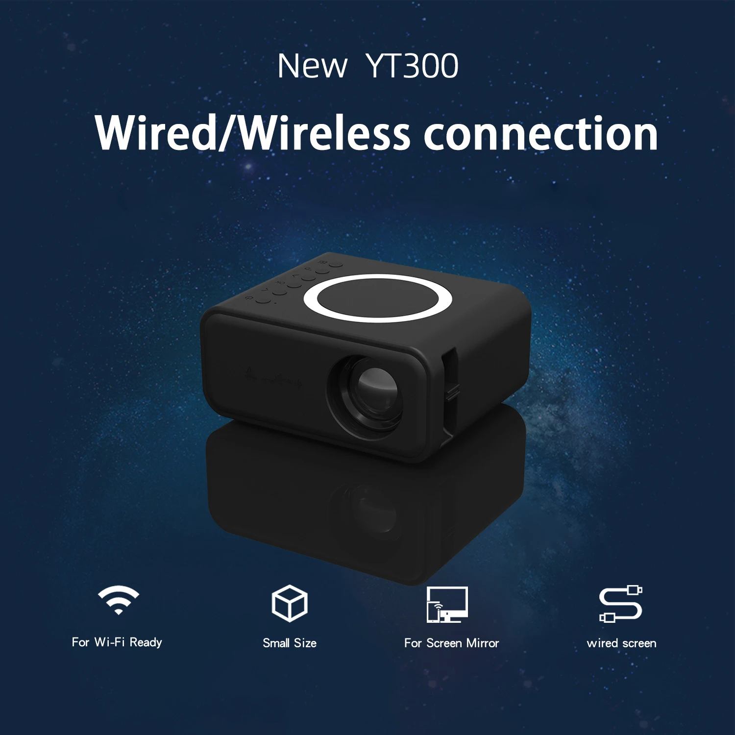 YT300 New home projector with wireless and wired connection to mobile phone, portable mini-style outdoor with built-in speak