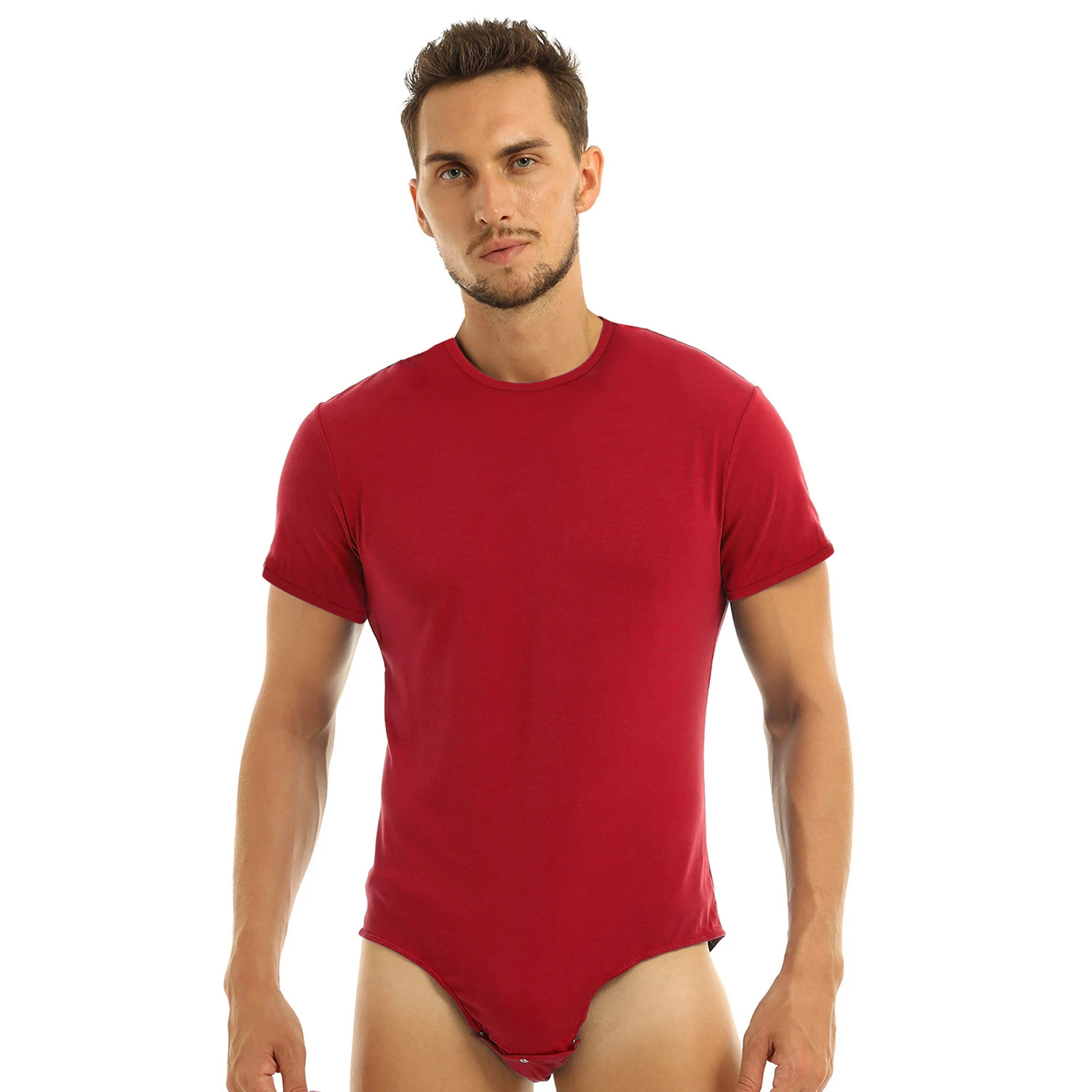 Men Adult Press Crotch T-shirt Bodysuit Sexy Lingerie One Piece Round Neck Short Sleeves Romper Pajamas Underwear Men\'s Clothing