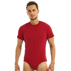 Erkekler yetişkin basın kasık T-shirt Bodysuit seksi iç çamaşırı tek parça yuvarlak boyun kısa kollu Romper pijama iç çamaşırı erkek giyim