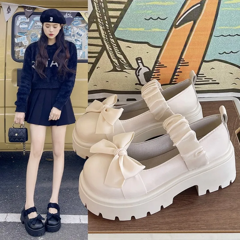 Chunky Platform High Heels Pumps Women Summer 2024 Leather Bow  Mary Jane Shoes Woman Thick Heeled Off White Black Lolita Shoes