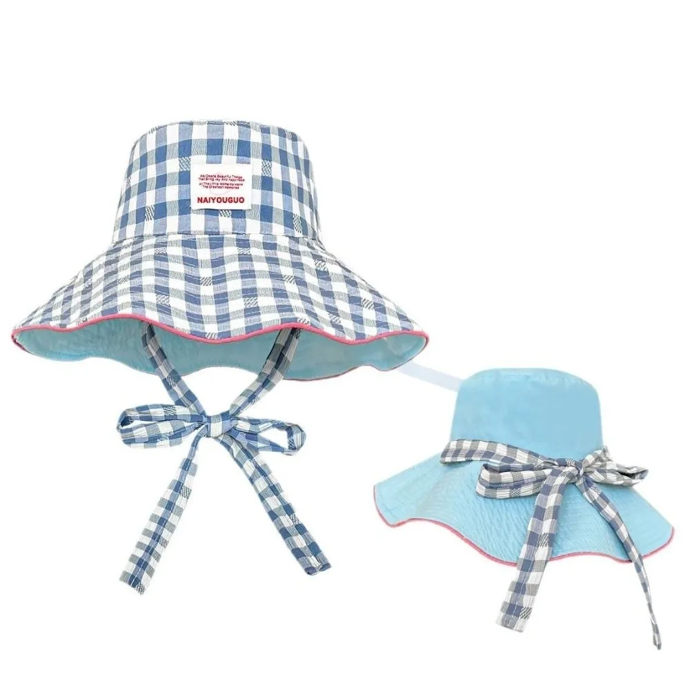 

Korean Style Plaid Bucket Hat Adjustable Strap Versatile Tie Strap Bucket Hat Double Sided Large Brim Sun Cap for Summer Travel
