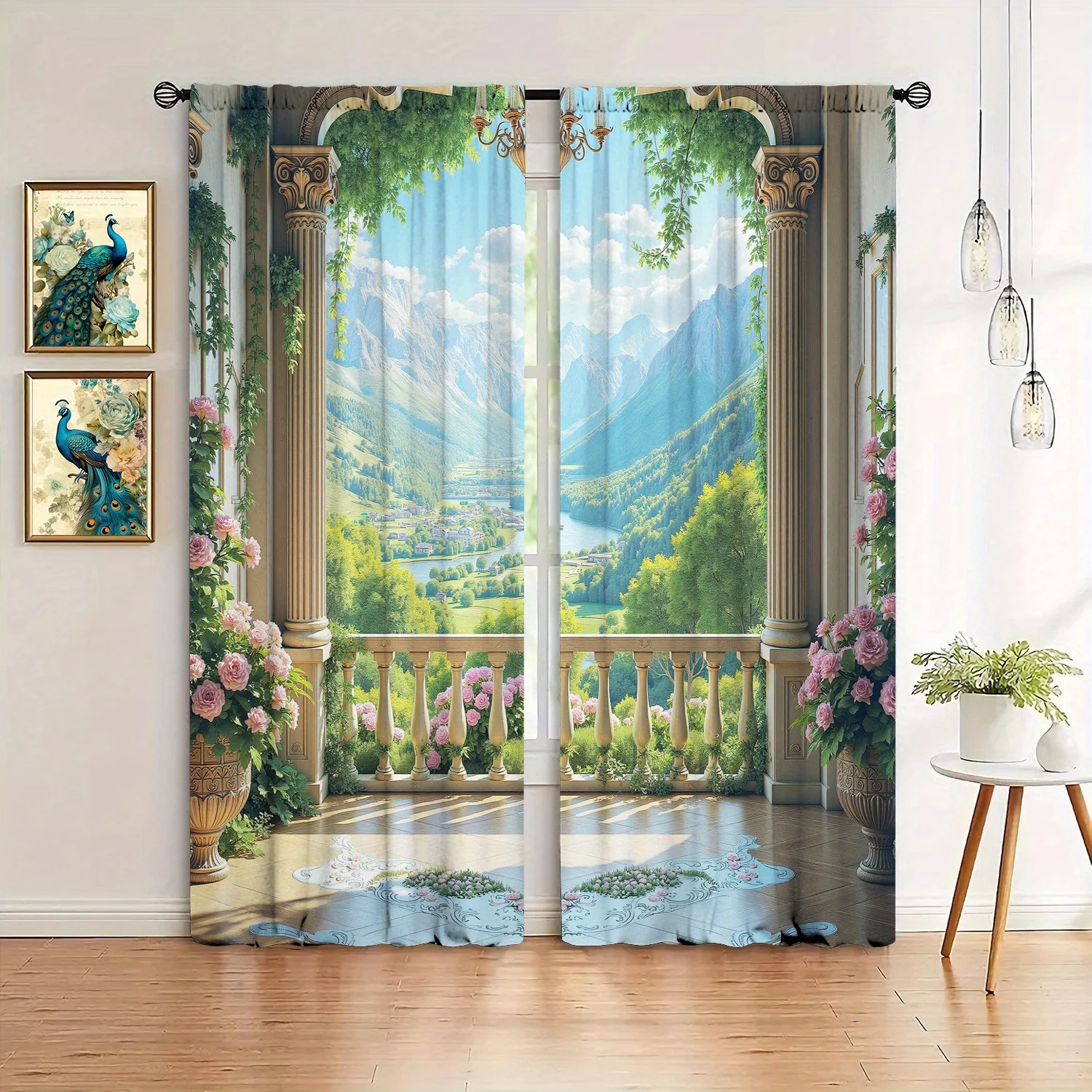Elegant Decorative Polyester Curtains Window Panels Scenic Mountain Landscape Floral View Privacy Filtering Room Darkening Home