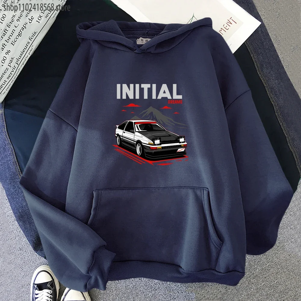 Japanese Anime AE86 Initial D Hoodie O-Neck Short Sleeves Sweatshirt Winter Casual Fashion Unisex Women Clothing Tracksuit Men