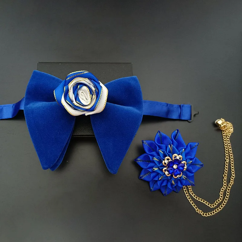 Men's Wedding Velvet Big Bow Tie Corsage Handmade Jewelry High-end Business Suit Shirt Accessories Chain Rhinestone Flowers Pins