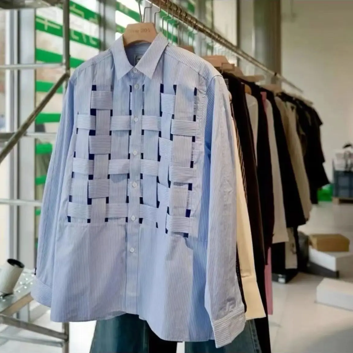 Striped Hollow Out Blouse Women Korean Style Woven Long Sleeve Shirt Y2K Loose Fit Casual Button Down Top Breathable Design Top