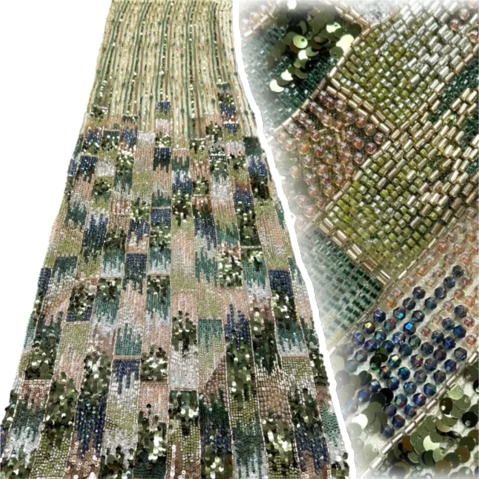 Verde de lujo delicado elegante francés hecho a mano tela de encaje con cuentas de lujo nigeriano africano tela de encaje de lentejuelas vestidos de noche TP1422