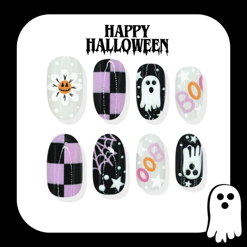 24pcs Fake Nails Cute Ghost Checkered Pattern Spider Web and Pumpkin Designs—Halloween-themed Press-On Nails Perfect for Girls - view 3