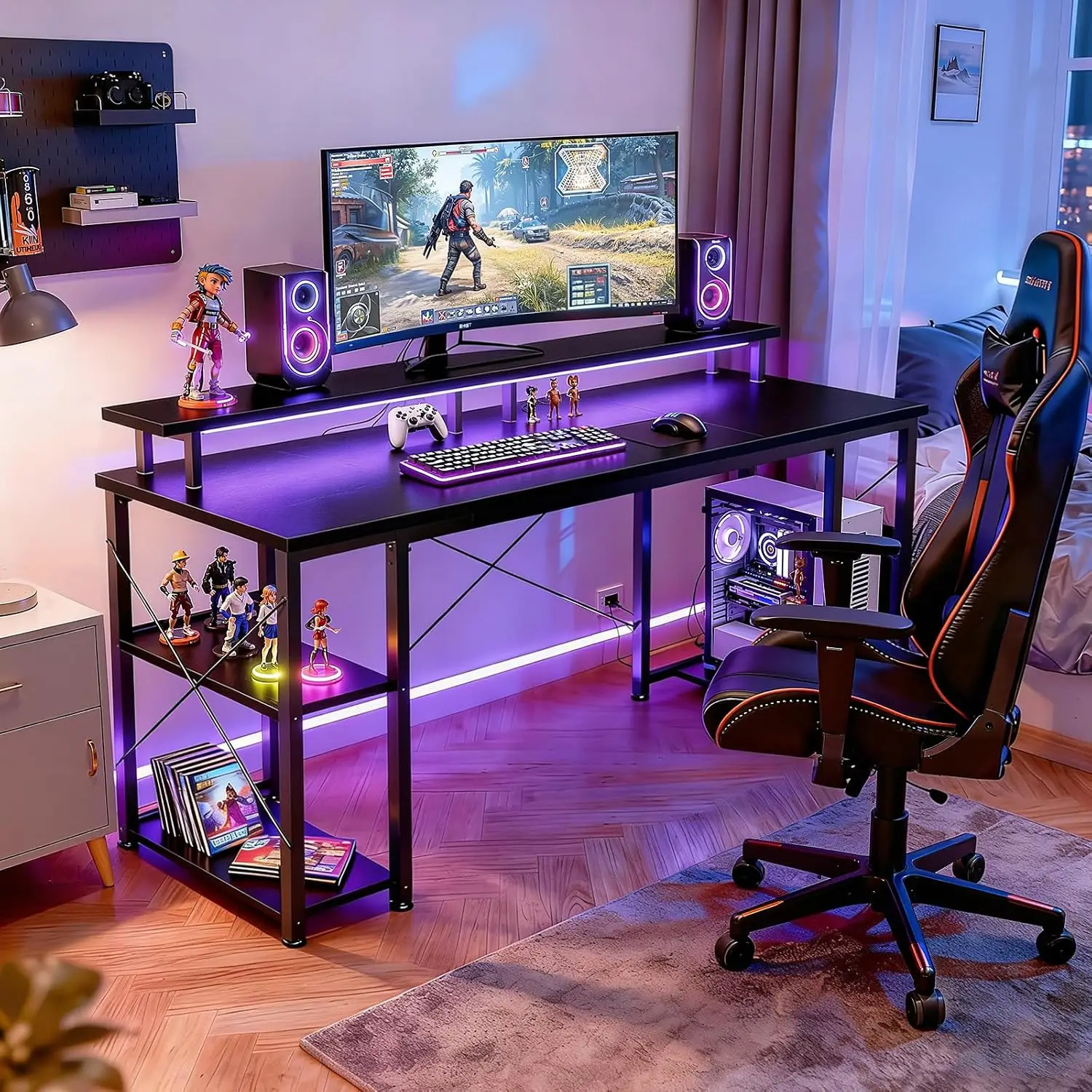 55 Inch Gaming Desk With LED Lights & Storage Shelves, Black, Customized