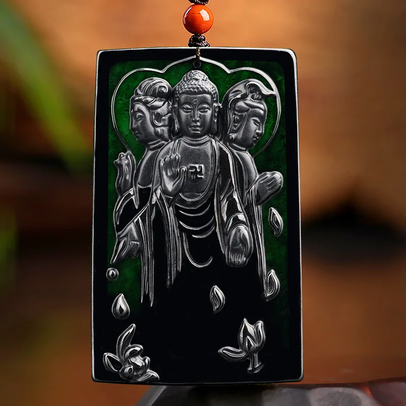 

Hot Selling / Hand-carve Jade Mo Cui The Three Holy Buddhas of The West Necklace Pendant FashionJewelry MenWomen LuckGifts