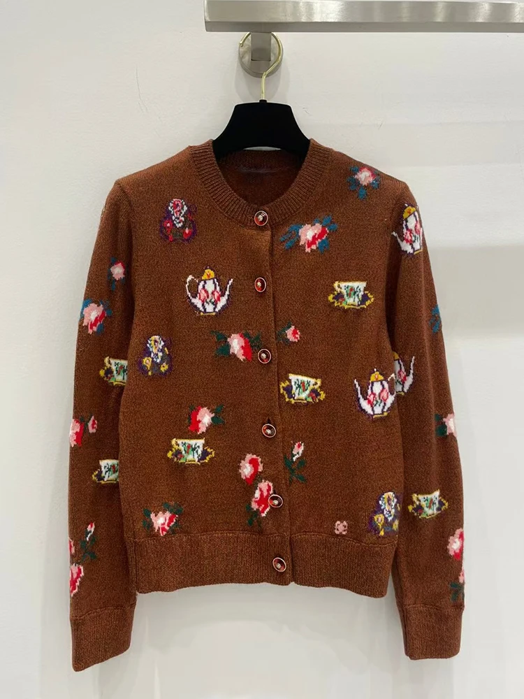 

Designer retro cartoon cardigan Wool sweater 2024 Fall ladies new fashion all-in-one straight tube knit sweater coat