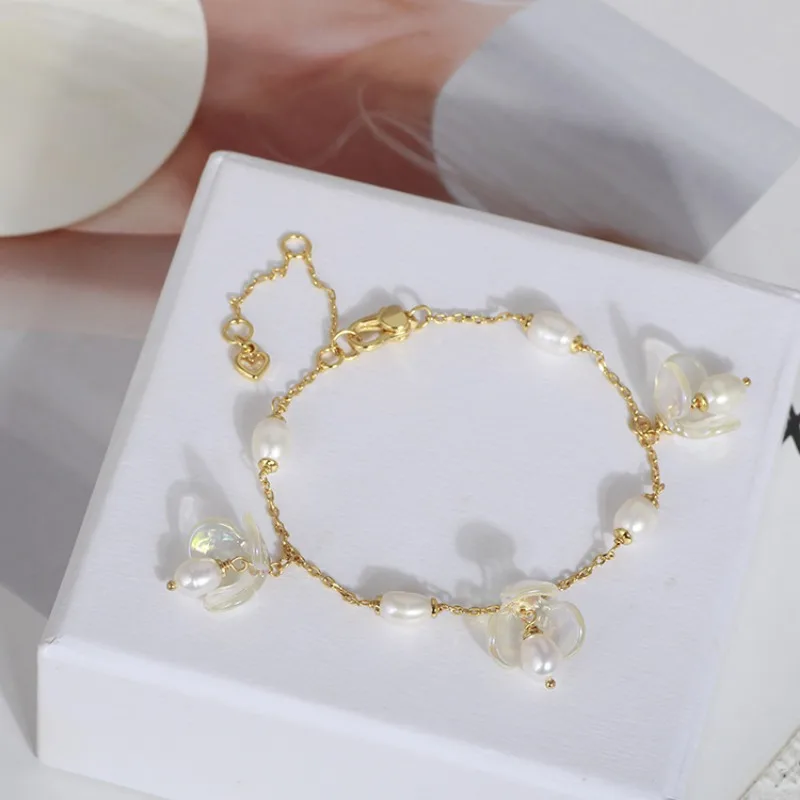 Gentle Sweet Color Resin Bell Flowers Freshwater Pearl Tassels Fairy Temperament Adjustable Bracelet Gifts for Women Statement