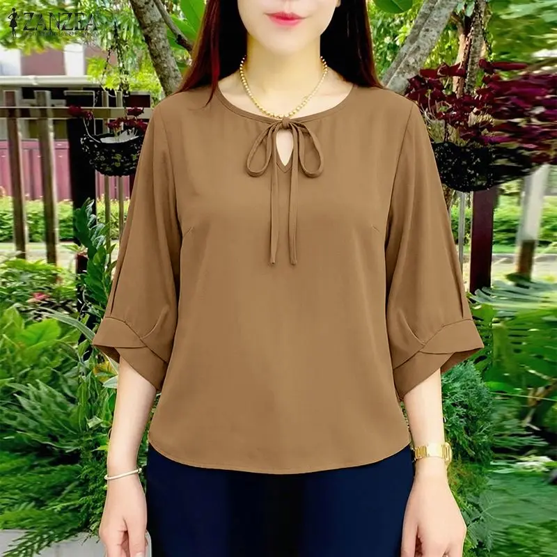 

ZANZEA Fashion Women O Neck 3/4 Sleeve Blouse Summer Casual Tops Elegant Lace-Up Holiday Shirt Solid Color Baggy Blusas Mujer