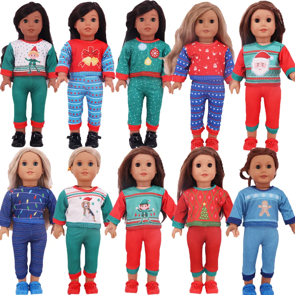 Puppenkleidung im Weihnachtsstil, Oberteil + Hose für 18-Zoll-amerikanische Puppen 43 cm große wiedergeborene Babypuppenzubehör, Mädchenspielzeug unserer Generation