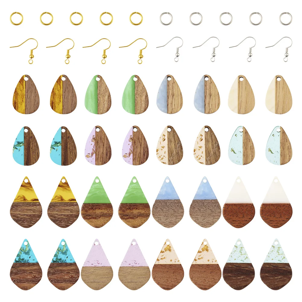 

32pcs Mixed Resin Walnut Wood Teardrop Charms Earring Hooks Jump Rings for Dangle Earrings Jewelry Making Findings Kit