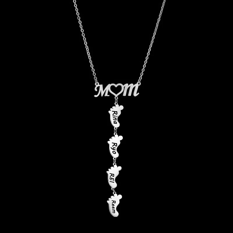 Acheerup Engraved Baby Name Date On Footprint Stainless Steel Mom Necklace for Women Customized Heart Foot Jewelry Kids Gift