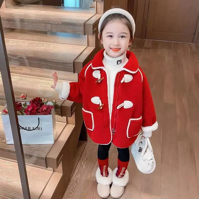 

Girls' woolen jacket autumn and winter 2025 new plush fashion sweater girls' baby loose warm New Year's clothing
