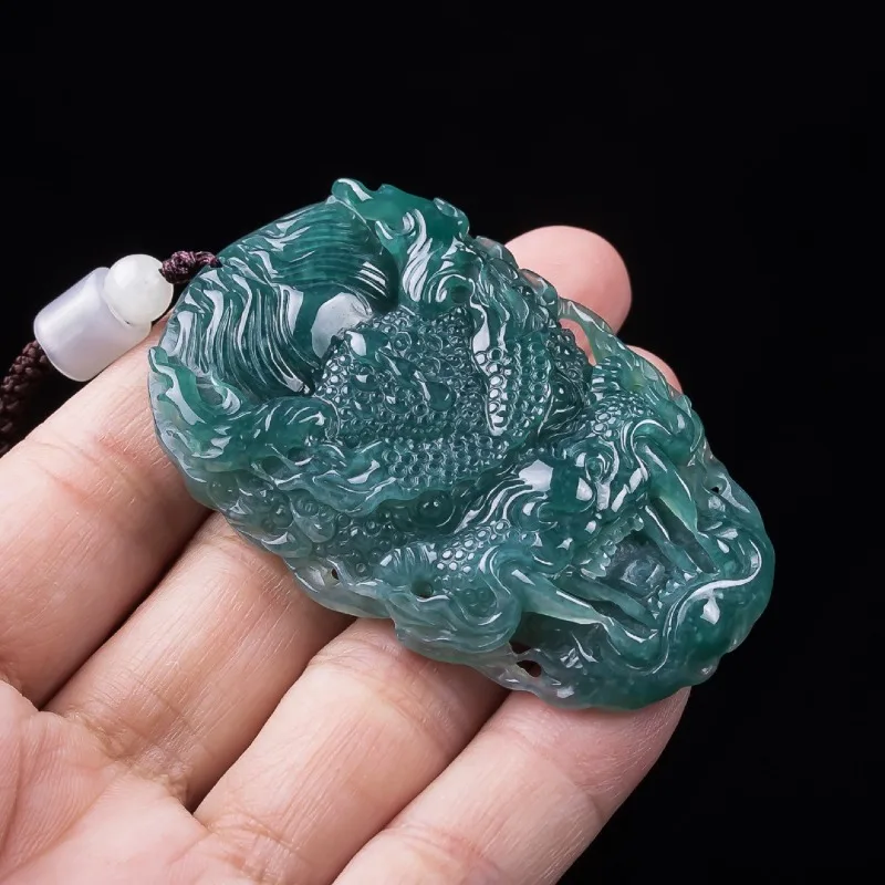 Natural A-grade Jade Blue Water Mighty Dragon Brand Atmospheric Pendant Ice Seed Jade Zodiac Dragon Men's Pendant