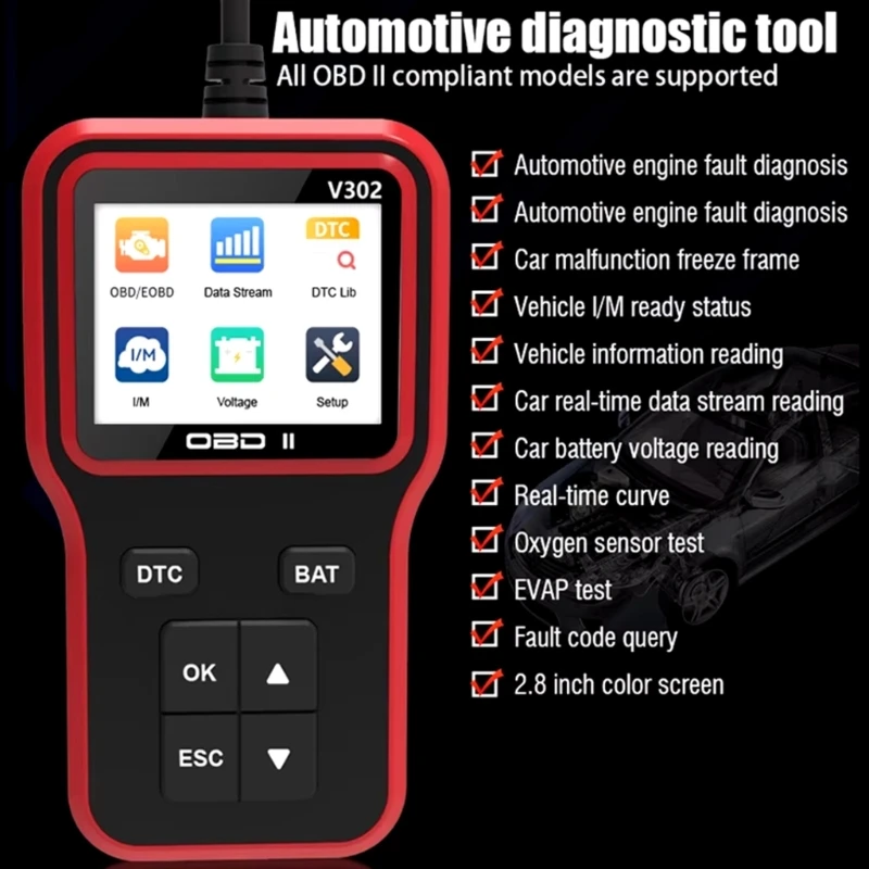 Professional Convenient V302 OBD2 Vehicle Diagnostic Scanner, Quick Error Detection Reading for Car Trouble Code Erasing