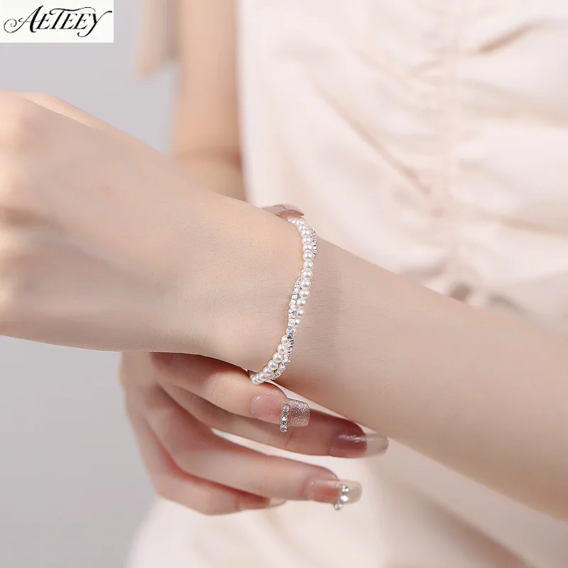 S925 Silver Double Layer Bracelet Crushed Silver Beads Pearl Minimalist Elegant Women Wrist Jewelry